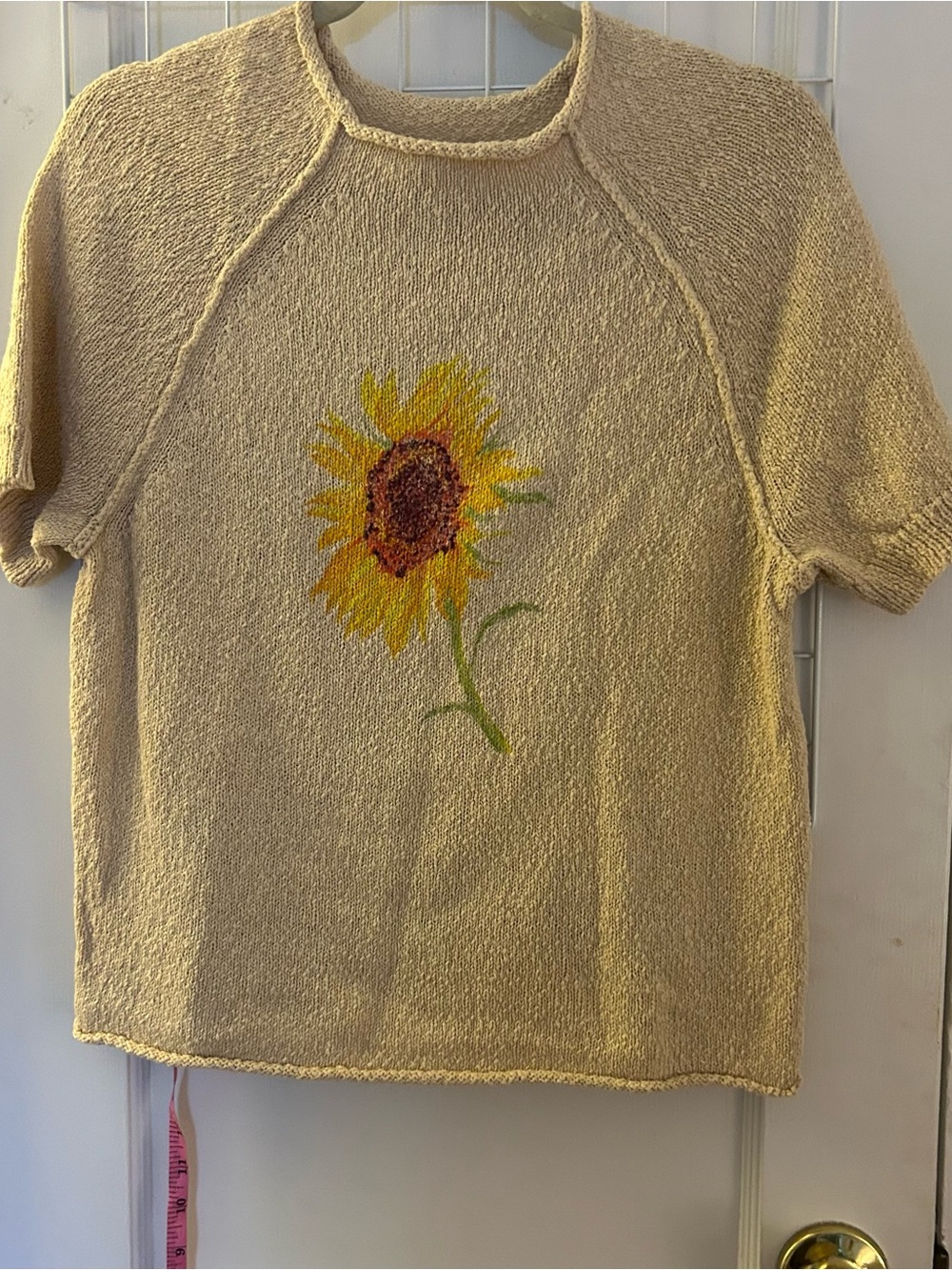 Anthropologie Cream Knit Top with Yellow Sunflower